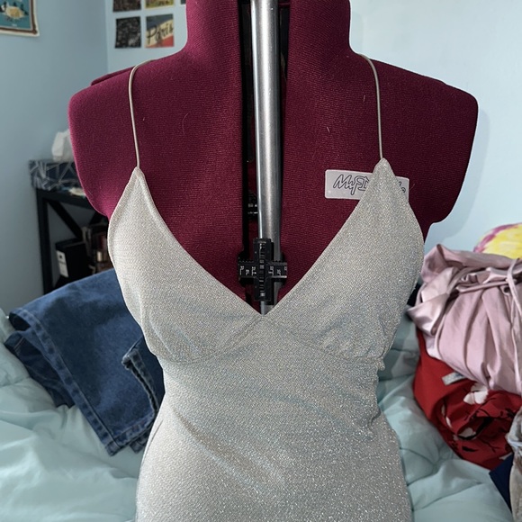 Silver Sparkly Divided Mini Dress - Picture 1 of 8